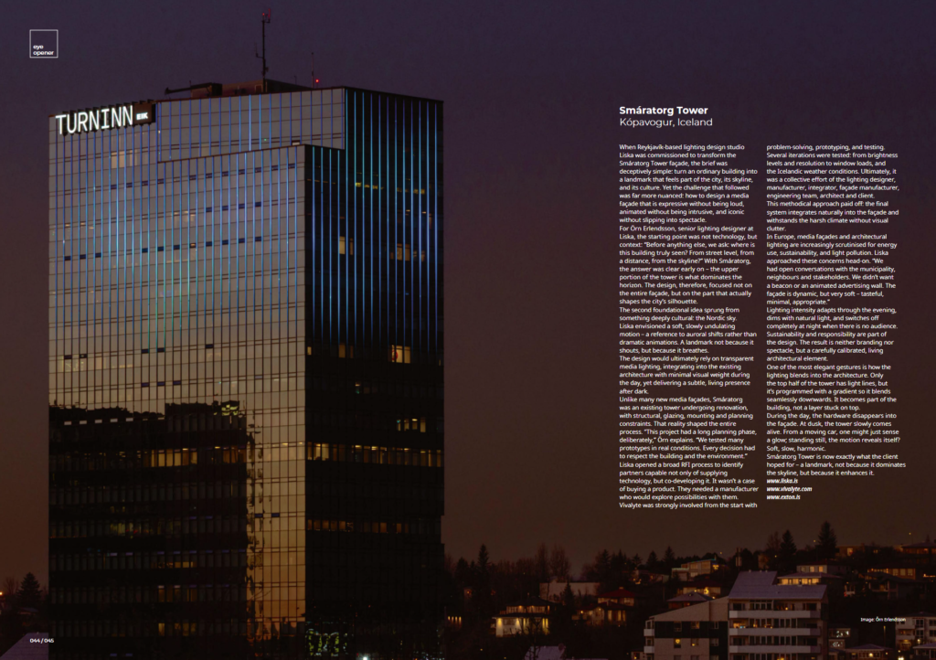 Grein í ARC Magazine um ljós frá Vivalyte og Exton á Turninum í Kópavogi